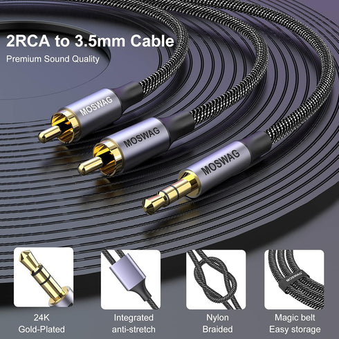 MOSWAG RCA Cable 3.3ft/1M, 3.5mm Male to 2RCA Male Stereo Audio Adapter Dual Shielded Gold-Plated Coaxial Cable Nylon Braided AUX RCA Y Cord for S...