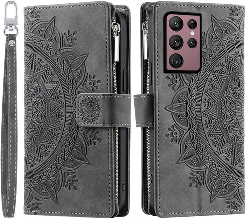 Asuwish Phone Case for Samsung Galaxy S22 Ultra 5G Wallet Cover with Tempered Glass Screen Protector Wrist Strap Mandala Flower Flip Zipper Card H...