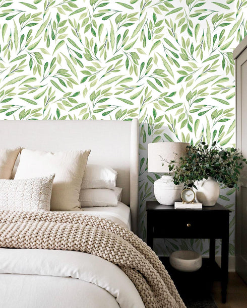 HAOKHOME 93199-2 Boho Peel and Stick Wallpaper Green Branches Leaves Removable Vinyl Self Adhesive Contact Paper 17.7in x 9.8ft...