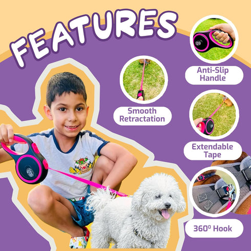 Dog Leash Retractable,Sturdy, Heavy-Duty, Tangle-Free, Soft,Anti-Slip Handle & Easy One Hand Brake for Puppy, Small, Medium, Large Breeds Dogs (Pi...