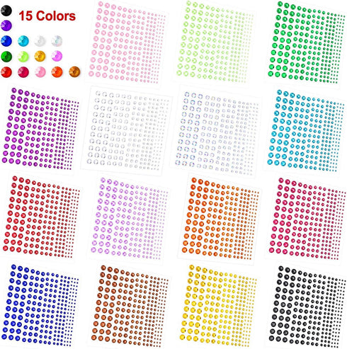 PHOGARY Self-Adhesive Rhinestone Sticker 3375 Pieces Crystal in 5 Size 15 Colors Bling Craft Jewels Gem Stickers for Crafts, Body, DIY Nails, Fest...