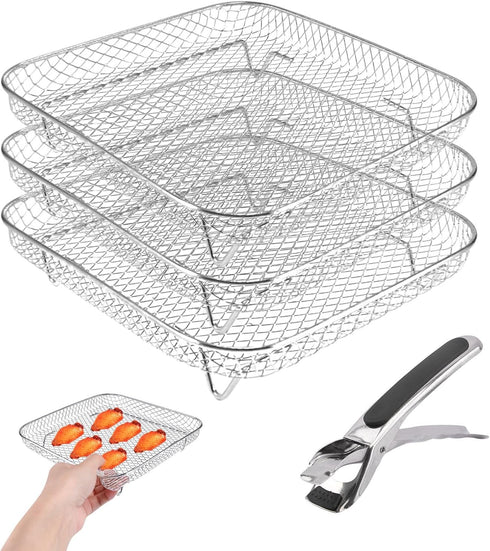 Square Air Fryer Rack,3 Layer Stainless Steel Stackable Dehydrato-r Rack with An-ti-scalding Clip,Stainless Steel Multi-Layer Dehydrato-r Rack Air...