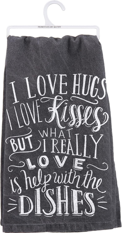 Primitives by Kathy I Love Hugs I Love Kisses Decorative Kitchen Towel, White/Black, 28" Square...
