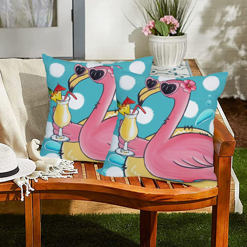 2 Pack Waterproof Summer Flamingo Throw Pillow Covers 16x16 Inch Tropical Flower Beach Pink Birds Pillow Cases Blue Ocean Sea Farmhouse Outdoor De...