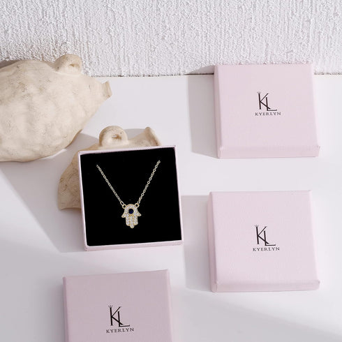 Kyerlyn Hamsa Hand Pendant Necklace 14K Gold Plated Cubic Zirconia CZ Hamsa Hand Necklace Dainty Evil Eye Necklace for Women Handmade Necklace Gif...