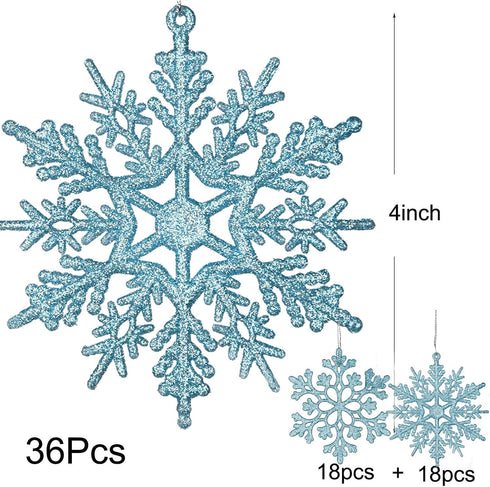 DearHouse 36pcs Plastic Snowflake Ornaments, Tiny Sparkling Glitter Snowflake Ornaments on String Hanger for Christmas Tree Decorations (Blue)...
