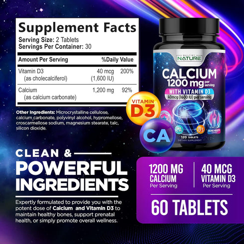 Calcium 1200mg with Vitamin D3 for Best Absorption - Advanced Bone Support Supplement, 1200 mg Calcium Carbonate & 1600 IU Vitamin D3, Slow Releas...