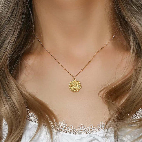 ROSE & BROWNE Gold Necklace for Women | Coin Pendant on Dainty Bead Ball Chain | Flower Engraving | 18k Gold Necklace for Stacking and Layering...