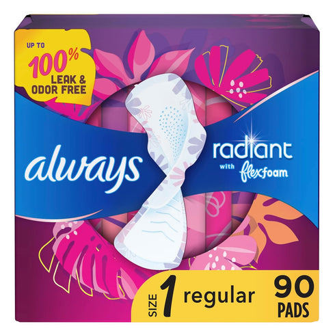 Always Radiant Feminine Pads for Women, Flexfoam Pads with Wings, Size 1, Regular Absorbency, Lightly Scented, 90 Count (3 Packs of 30)...