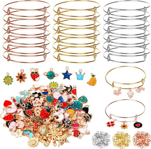 UPINS 30Pcs Silver Expandable Blank Bracelets Adjustable Wire Bangles with 100Pcs Tibetan Silver Charms, 200Pcs Open Jump Rings for Jewelry Making...