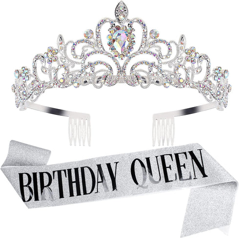 Velscrun Birthday Queen Tiaras Crown for Women, Girls Princess Crowns for Women, Queen Tiara for Mom, Silver Birth Crown Headband Birth Sash, 30th...