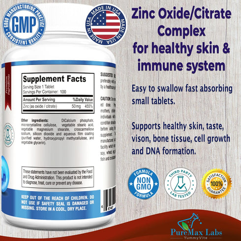 Zinc Citrate/Oxide 50mg - Immune Support & Antioxidant Supplement, Skin Health Support - 100 Tablets...