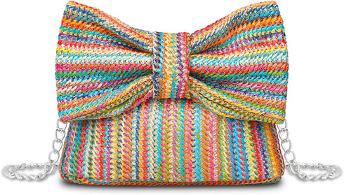 Straw Clutch Purse with Big Bow Handle Bag Summer Straw Handbag Beach Tote Woven Evening Bag for Parties, Wedding,Travel...
