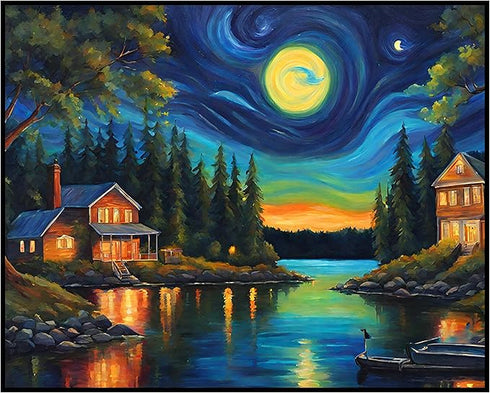 Posterizer 1 pcs- quaint old village-building in nature-night sky 6-Landscape & Nature Art-Floral Botanical Art- Decor for Home & Office- unframed...