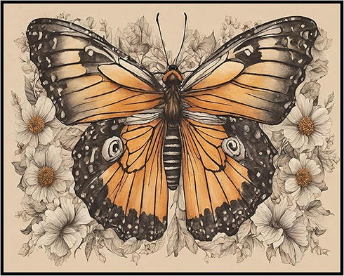 Posterizer 1 pcs- beautiful butterfly in the middle of white flowers-Art for Animal Lovers-Floral Botanical Art- Gift for Men Women Teens-Decor fo...