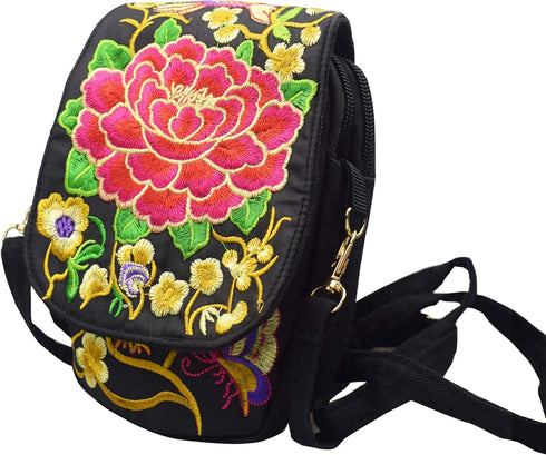 Women's Small Cute Boho Canvas Crossbody Camera Bag Cell Phone Purse with Floral Embroidery...