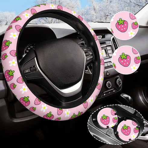 Cute Strawberry Steering Wheel Cover Anti-Slip and Practical 14.5-15 Inch Universal Steering Wheel Cover with 2 Pieces Car Coasters Suitable for M...