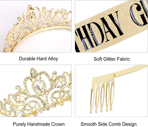Aprince Birthday Crown & Sash Set, Rhinestone Tiaras and Crowns for Women Girls, Gold Tiara & Sash for Birthday, Prom Photoshoot...
