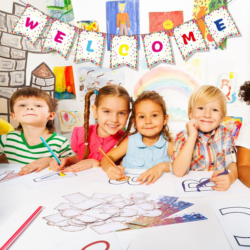 30 Pcs 29.5 ft Welcome Banner Confetti Bulletin Board Borders Classroom Confetti Border Trim with Welcome Sign Classroom Confetti Pennant for Offi...