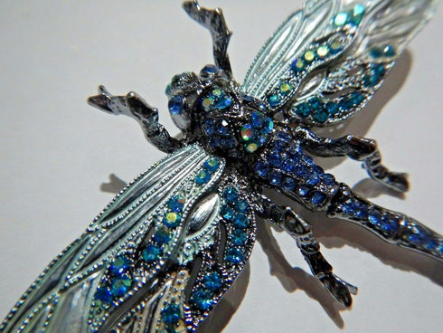 Large Rhinestone Dragonfly Convertible Brooch or Pendant Blue Enamel Insect pin...