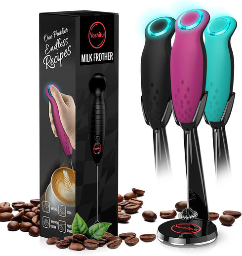 Milk Frother for Coffee with Deluxe Stand - Coffee Frother Handheld Foam Maker for Lattes - Turbine Whisk Drink Mixer Handheld - Frother Wand Stir...