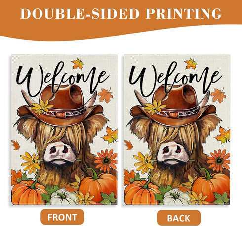Welcome Fall Highland Cow Decorative Garden Flag, Autumn Farm Animal Pumpkin Maple Leaves Yard Outside Decorations, Thanksgiving Farmhouse Rustic ...
