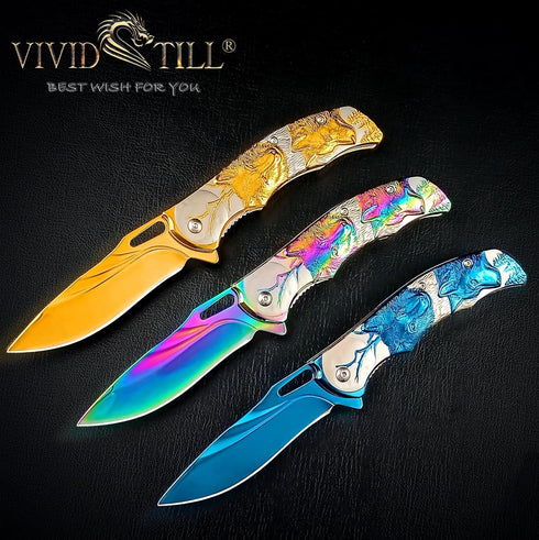 Pocket Knife for Men, Folding Knife With Clip & 3D TITANIUM PLATED WOLF Relief, Embossed Edc Knife For Men Outdoor Survival Camping Hiking hunting...