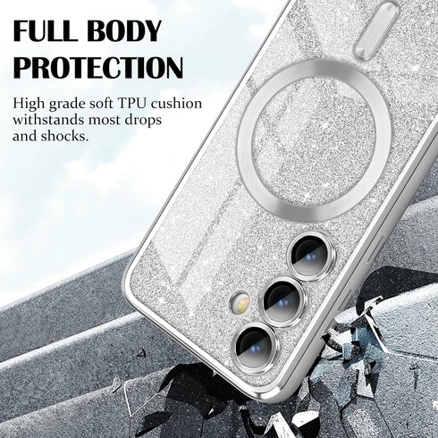 for Samsung Galaxy S24 5G Magnetic Case, Luxury Sparkle Glitter Case Cover Soft TPU Full Camera Lens Protection Bling Case Anti-Scratch Shockproof...