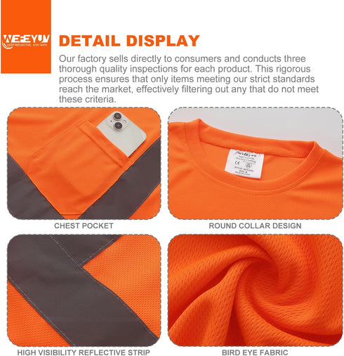 High Visibility Shirts Quick Dry Safety T Shirts with 4 Reflective Strips and Pocket Short Sleeve Mesh Hi Vis Construction Work Class 2 Shirt for ...