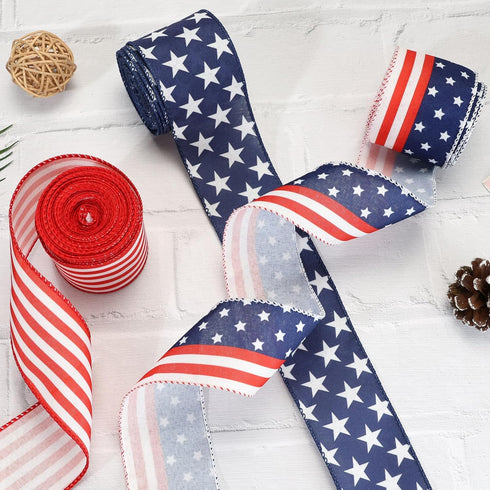 Independence Day Ribbon for Tree, Red and White Ribbons Wired Vertical Stripe Fabric Ribbon Gifts Wrapping DIY Crafts Wreath Garland Making Xmas T...