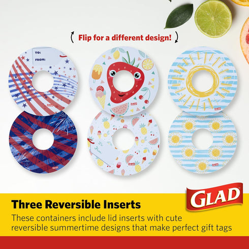 Glad Food Storage Containers, GladWare Summer Edition with Reversible Lid Inserts – 3 Ct Large Round Containers & Lids, 48oz Microwave-Safe, Freez...