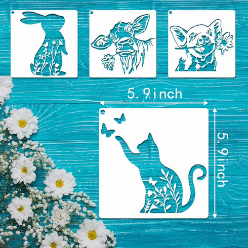 15Pcs Flower Animal Stencils for Painting On Wood Floral Nature Farmhouse Paint Stencil Dog Cat Bear Cow Bunny Reusable Embroidery Stencils for Dr...
