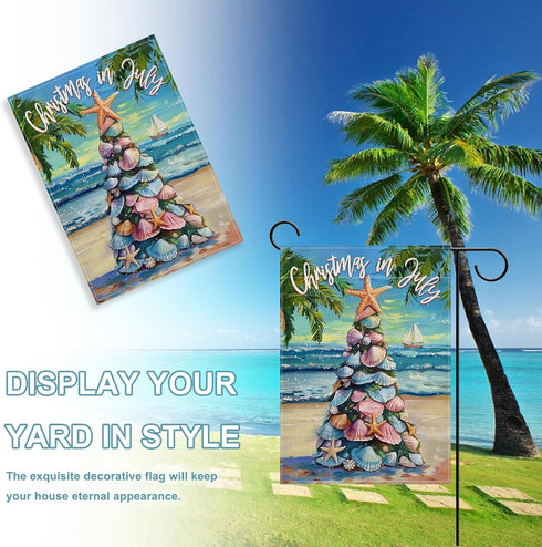 Decorative Garden Flag, Christmas Tropical Xmas Tree Beach Coastal Starfish Shell Yard Outside Decorations, Hawaii Nautical July Summer Holiday Ou...
