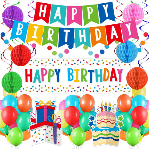 Happy Birthday Decorations Kit: Happy Birthday Banner,Birthday Dots Design Plastic Backdrop, Circle Confetti Garland, Swirl Streamers, Honeycomb B...