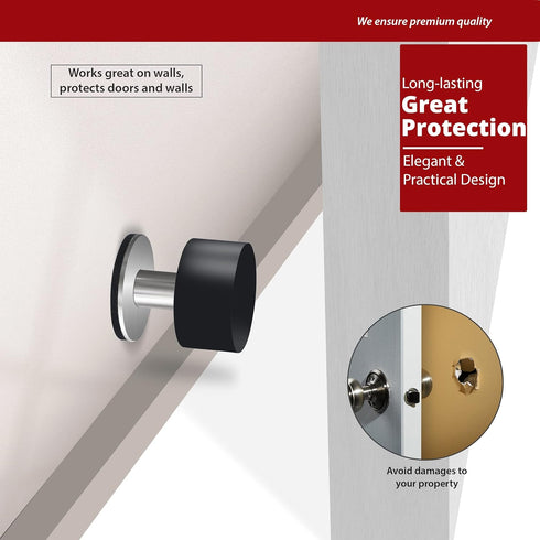 Door Stopper with Extra Sticker, Self-Adhesive Door Stop with Black Rubber Bumper & Stainless Steel Body - Heavy Duty Door Knob Wall Protector Sou...
