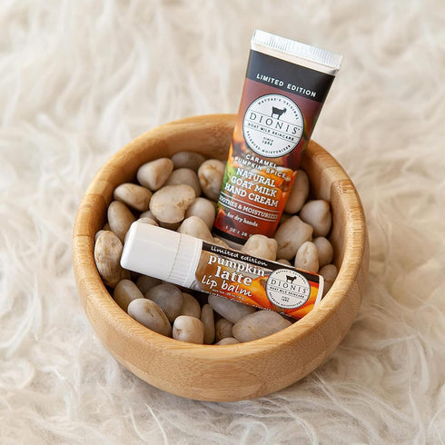 Dionis Goat Milk Skincare Caramel Pumpkin Spice Scented Hand Cream & Lip Balm Set (1 oz and .28 oz) - Made in the USA - Cruelty-free and Paraben-f...