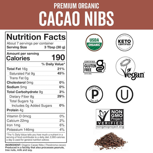 Viva Naturals Organic Cacao Nibs, 8 oz (227 g) - Keto Friendly and Vegan, Unsweetened Chocolate Chip Substitute, Perfect for Gluten Free Baking, C...