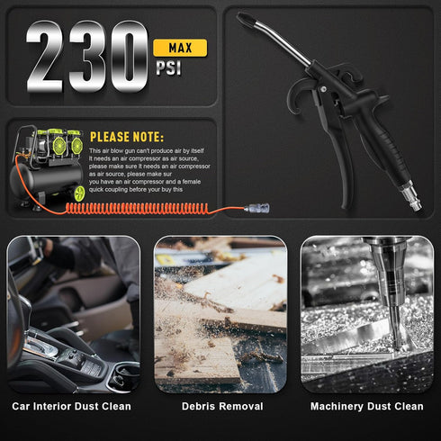 High Volume Air Blow Gun with Rubber Guard Air Flow Nozzle, Industrial Household Air Blower Gun Angle Bent Jet Nozzle, Air Gun for Compressor Pneu...