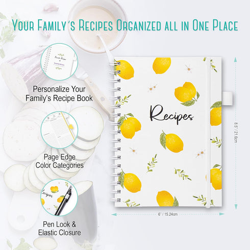 OUTSHINE 6 x9 Lemons Hardcover Recipe Binder, Blank Recipe Binder to Write in Your Own Recipes, Recipe Binder, Recipe Book Blank, Recipe Notebook,...