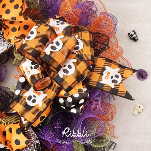 Ribbli Halloween Ribbon Wired,6 Rolls Orange and Black Halloween Ribbon 2.5 Inch Total 90 Feets(30 Yards), Ghost/Spider/Polka Dot/Black Velvet Rib...