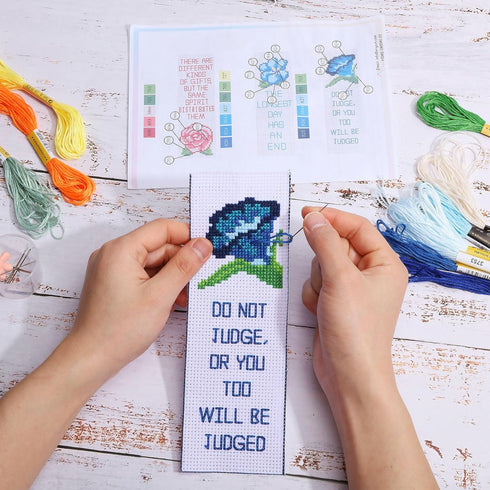 ORIGACH 6 Set Cross Stitch Bookmark Kit for Beginner Flower and Bible Verse Pattern DIY Stamped Embroidery Bookmark Kit with 19 Colors Embroidery ...