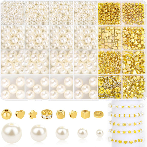 Audab Pearl Beads for Bracelet Making, 970 Pieces Pearl Beads and Gold Spacer Beads for Bracelets and Jewelry Making...