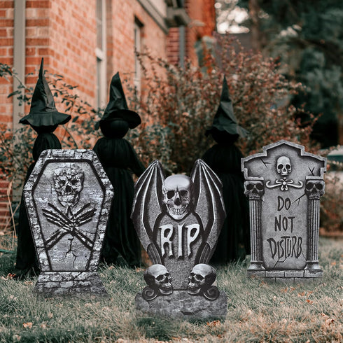 6-Piece Halloween Tombstone Yard Signs with Stakes - Large Eerie Graveyard Design, Spooky Skulls and RIP Messages for Haunted House, Outdoor Garde...