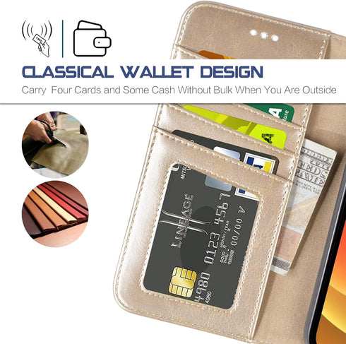 Arae Compatible with iPhone 12 Case and iPhone 12 Pro Case Wallet Flip Cover with Card Holder and Wrist Strap - Champagne Gold...