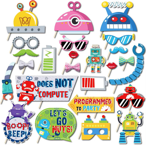 25Pcs Robot Photo Booth Props with Stick, Birthday Theme Selfie Props, Robotics Party Supplies, Kids Photography Backdrop Decorations...