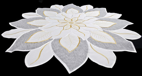 Embroidered Holiday Christmas White and Gold Star Poinsettia Doily Place Mat Small Table Topper (23 Inch Round)...