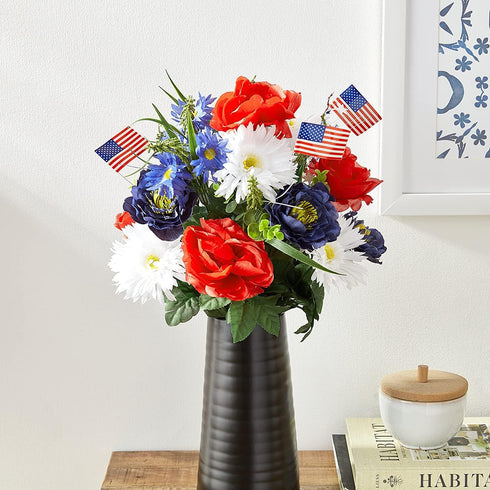 Admired By Nature 18 Stems Artificial Blooming Peony, Gerbera Daisy with Small American Flags, Fillers Mixed Flowers Bush for Memorial Day, Red/Bl...