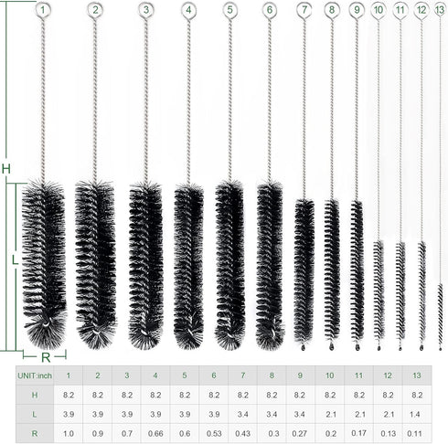 CiaraQ Bottle Cleaning Brushes, 8 Inch Nylon Tube Brush Set, Cleaner for Narrow Neck Bottles Cups with Hook, Set of 13pcs. Black...