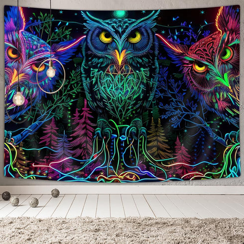 JAWO Psychedelic Owl Tapestry - Trippy Forest Line Art Wall Hanging for Bedroom, Moon Animal Bird Blacklight Tapestry (60X40 Inch)...