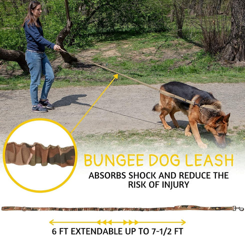 Heavy Duty Bungee Dog Leash 6 ft - 7.5 ft for Large and Medium Dogs | No Pull, Reflective, Tactical Dog Leash | Soft Neoprene Padded Double Handle...